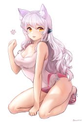 Rule 34 | 1girl, :p, aken, animal ears, arched back, bare shoulders, breasts, cat ears, cleavage, elsword, eve (elsword), facial mark, full body, highres, kneeling, light purple hair, long hair, looking at viewer, one-piece swimsuit, paw pose, paw print, ribbon-trimmed clothes, ribbon-trimmed swimsuit, ribbon trim, sandals, shoes, simple background, smile, solo, swimsuit, tongue, tongue out, very long hair, white background, white one-piece swimsuit, yellow eyes