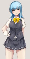 Rule 34 | 1girl, ascot, black skirt, black vest, blouse, blue eyes, blue hair, blush, closed mouth, commentary, grey background, hand on own hip, hatsukaze (kancolle), highres, hime cut, kantai collection, long hair, looking at viewer, pleated skirt, shirt, simple background, skirt, solo, vest, wasumi kei, white shirt, yellow ascot