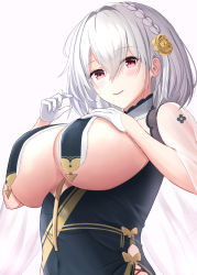 Rule 34 | 1girl, absurdres, azur lane, bad id, bad pixiv id, braid, breast curtains, breasts, china dress, chinese clothes, dress, flower, from below, gloves, grey dress, hair flower, hair ornament, half gloves, hand on own chest, highres, huge breasts, looking at viewer, looking down, medium hair, official alternate costume, red eyes, revealing clothes, ribbon between breasts, see-through, see-through sleeves, simple background, sirius (azur lane), sirius (azure horizons) (azur lane), solo, white background, white gloves, white hair, yamamoto warabi