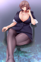 Rule 34 | 1girl, breasts, chair, curvy, formal, gradient background, highres, huge breasts, jewelry, large breasts, long hair, looking at viewer, mature female, necklace, office chair, pantyhose, saogokushi, short hair, simple background, sitting, skirt, skirt suit, solo, suit, swivel chair, thick thighs, thighs