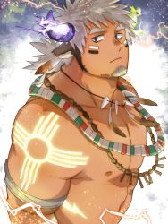 Rule 34 | 1boy, asymmetrical horns, bara, closed mouth, facing viewer, grey eyes, highres, jewelry, looking at viewer, male focus, mature male, mismatched horns, muscular, muscular male, necklace, ponytail, shoulder tattoo, solo, tattoo, tokyo houkago summoners, wakan tanka, wakan tanka mugen, yanutorie