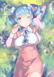 Rule 34 | 1girl, ;o, ahoge, arm behind head, blue eyes, blue hair, blush, breasts, cowboy shot, drill hair, flower, from above, grass, hair bobbles, hair ornament, lilco, long sleeves, looking at viewer, lying, matching hair/eyes, necktie, on back, on ground, one eye closed, original, outdoors, school uniform, serafuku, skirt, soap bubbles, solo, twintails, yumekui