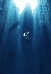 Rule 34 | absurdres, asteroid ill, blue theme, building, character request, dolphin, highres, huge filesize, long hair, original, ruins, scenery, solo, squid, underwater, very long hair, whale, white hair