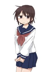 Rule 34 | 1girl, between legs, blue sailor collar, blue skirt, blush, brown eyes, brown hair, closed mouth, cowboy shot, female focus, flat chest, half-closed eyes, hand between legs, have to pee, highres, long sleeves, looking at viewer, matching hair/eyes, miniskirt, neckerchief, nose blush, original, own hands together, pleated skirt, ponnu (tnpn2yw), red neckerchief, sailor collar, school uniform, serafuku, shirt, short hair, sidelocks, simple background, skirt, solo, split mouth, standing, v arms, white background, white shirt