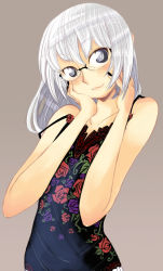 1girl bad_id bad_pixiv_id female_focus floral_print fujitama_(pixiv33059) glasses grey_eyes hands_on_own_face original solo white_hair