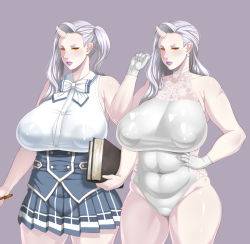 Rule 34 | 1girl, breasts, enoshima iki, frost (silly girls quest), gloves, horns, huge breasts, leotard, lipstick, long hair, makeup, oni, orange eyes, plump, ribbon, side ponytail, silly girls quest, simple background, single horn, skirt, thick thighs, thighs, white hair