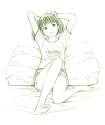Rule 34 | 1girl, barefoot, feet, monochrome, original, short hair, shorts, sketch, soles, solo, toe scrunch, toes, traditional media, twintails, yoshitomi akihito