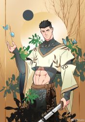 Rule 34 | 1boy, abs, bara, bug, butterfly, clothing cutout, cowboy shot, hand up, highres, holding, holding sword, holding weapon, insect, katto8452, male focus, muscular, muscular male, navel, original, plant, short hair, solo, standing, stomach, stomach cutout, sword, taut clothes, thick eyebrows, undercut, weapon
