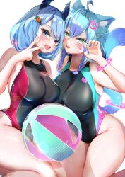 Rule 34 | 1girl, 2girls, absurdres, ahoge, animal ear fluff, animal ears, ball, bare arms, bare shoulders, beachball, black one-piece swimsuit, blue hair, blue one-piece swimsuit, bracelet, breasts, carrot hair ornament, cat ears, cat girl, cat tail, claw pose, commission, demon horns, facial mark, food-themed hair ornament, hair ornament, hairclip, highres, horns, impossible clothes, impossible swimsuit, jewelry, large breasts, looking at viewer, medium hair, multiple girls, one-piece swimsuit, original, red one-piece swimsuit, seta (seta105), simple background, skeb commission, slit pupils, solo, swimsuit, tail, transparent background, two-tone one-piece swimsuit