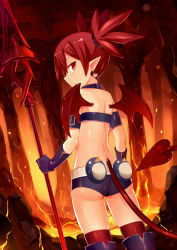Rule 34 | 1girl, arm belt, ass, bare shoulders, demon tail, demon wings, disgaea, earrings, elbow gloves, elder spear, etna (disgaea), from behind, gloves, highres, holding, jewelry, looking at viewer, looking back, mmrailgun, pointy ears, polearm, profile, red eyes, red hair, short shorts, shorts, skull, smile, solo, spear, standing, tail, weapon, wings