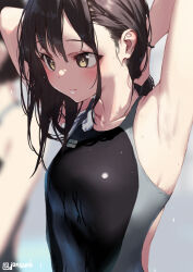 Rule 34 | 2girls, adjusting hair, armpits, arms behind head, black one-piece swimsuit, blurry, blurry background, blush, breasts, brown hair, closed mouth, collarbone, commentary request, competition swimsuit, hair between eyes, jonsun, multiple girls, one-piece swimsuit, original, shiori (jonsun), short hair, small breasts, solo focus, swimsuit, twitter username, upper body, wet, wet hair