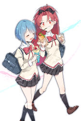Rule 34 | 2girls, :d, absurdres, bag, black bow, black socks, blue background, blue bag, blue footwear, blue hair, blush, bow, bowtie, breasts, brown footwear, bubble tea, closed eyes, commentary, crepe, eating, food, full body, grey skirt, grin, hair bow, highres, holding, holding food, hot dog, kneehighs, loafers, long hair, looking at viewer, mahou shoujo madoka magica, mahou shoujo madoka magica: hangyaku no monogatari, maromayu, miki sayaka, mouth hold, multiple girls, open mouth, parted lips, pink background, plaid, plaid skirt, pleated skirt, pocky, ponytail, raised eyebrows, red bow, red eyes, red hair, red neckwear, sakura kyoko, school bag, school uniform, shirt, shoes, short hair, side-by-side, skirt, small breasts, smile, socks, walking, white background, yellow shirt