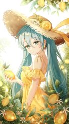 Rule 34 | 1girl, absurdres, bare shoulders, blue hair, caron, commentary request, cowboy shot, day, dress, earrings, flower, food, frilled dress, frills, from side, fruit, green eyes, hair between eyes, hat, hat flower, hat ribbon, hatsune miku, highres, holding, holding food, holding fruit, jewelry, leaf, lemon, lemon blossoms, lemon slice, long hair, looking at viewer, looking to the side, outdoors, plant, ribbon, solo, spaghetti strap, sparkle, straw hat, sun hat, sunlight, twintails, very long hair, vocaloid, white flower, yellow dress, yellow ribbon, yellow theme