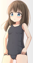Rule 34 | 1girl, :o, bare arms, bare shoulders, black one-piece swimsuit, blue eyes, blush, breasts, brown hair, cameltoe, collarbone, commentary request, female focus, grey background, highres, long hair, looking at viewer, old school swimsuit, one-piece swimsuit, original, parted lips, school swimsuit, simple background, small breasts, solo, swimsuit, takasuma hiro, upper body