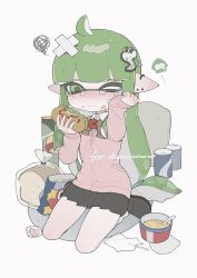 1girl :t ahoge bag_of_chips bandaid bandaid_on_head black_footwear black_skirt blunt_bangs blush bow bowtie bread cardigan chips_(food) closed_mouth collared_shirt crossed_bandaids crying cup_ramen earrings eating food food_on_face full_body gomi20021021 green_bow green_bowtie green_eyes green_hair green_pupils hair_ornament hairclip highres holding holding_food hot_dog inkling inkling_girl inkling_player_character jewelry ketchup loaf_of_bread long_hair long_sleeves low-tied_long_hair miniskirt mole mole_under_eye nintendo one_eye_closed pink_bow pink_bowtie pink_cardigan pleated_skirt pointy_ears school_uniform scribble shirt simple_background sitting skirt socks solo splatoon_(series) striped_bow striped_bowtie striped_clothes stud_earrings suction_cups tears tentacle_hair two-tone_bow two-tone_bowtie wariza watermark wavy_mouth white_background white_shirt white_socks wiping_tears