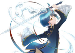 Rule 34 | 1boy, blue hair, chinese clothes, closed mouth, commentary request, earrings, frilled sleeves, frills, genshin impact, holding, holding sword, holding weapon, jewelry, long sleeves, nekobayashi, short hair, smile, solo, sword, water, weapon, xingqiu (genshin impact)
