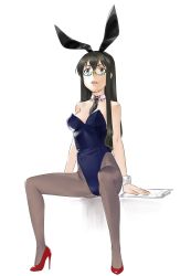 Rule 34 | 1girl, animal ears, black hair, black necktie, blue leotard, breasts, brown pantyhose, commentary request, detached collar, fake animal ears, grey eyes, hairband, high heels, highres, kantai collection, leotard, long hair, muhamado, necktie, ooyodo (kancolle), pantyhose, paper, playboy bunny, pumps, rabbit ears, rabbit tail, red footwear, semi-rimless eyewear, shoes, simple background, sitting, small breasts, solo, stiletto heels, strapless, strapless leotard, tail, under-rim eyewear, white background, wrist cuffs