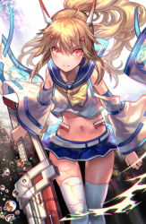 Rule 34 | 1girl, ayanami (azur lane), azur lane, blonde hair, blue skirt, blush, clothing cutout, crop top, denchu (kazudentyu), detached sleeves, floating hair, hair between eyes, hair ornament, hairclip, high ponytail, highres, holding, holding sword, holding weapon, long hair, looking at viewer, microskirt, midriff, navel, neckerchief, pleated skirt, red eyes, shirt, shoulder cutout, skirt, smile, solo, standing, stomach, sword, thighhighs, very long hair, weapon, white shirt, white thighhighs, yellow neckerchief