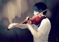 Rule 34 | 1boy, black hair, blurry, bow (music), depth of field, closed eyes, from side, instrument, male focus, music, original, playing instrument, re:i, shirt, signature, solo, standing, upper body, violin, white shirt
