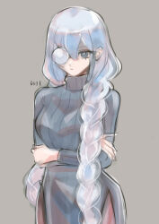 Rule 34 | 1girl, aged up, asteria of the white woods, black dress, braid, breasts, commentary request, crossed arms, dress, duel monster, grey eyes, grey hair, highres, ishinonono, large breasts, long hair, monocle, simple background, sketch, solo, sweater, sweater dress, twin braids, very long hair, yu-gi-oh!