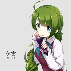 Rule 34 | 10s, 1girl, :p, ahoge, blue eyes, blunt bangs, bow, bowtie, braid, character name, colis (regunm772), collared shirt, dated, eggplant, green hair, kantai collection, long sleeves, looking at viewer, mole, mole under mouth, school uniform, shirt, simple background, single braid, solo, tongue, tongue out, upper body, white shirt, yuugumo (kancolle)
