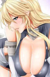 Rule 34 | 1girl, all fours, bad id, bad twitter id, bare shoulders, blonde hair, blush, breasts, cleavage, cleavage cutout, clothing cutout, covered erect nipples, elbow gloves, garter straps, gloves, green eyes, hair between eyes, hanging breasts, headgear, huge breasts, iowa (kancolle), kantai collection, long hair, looking at viewer, miniskirt, parted lips, pink lips, size hermitage, skirt, solo