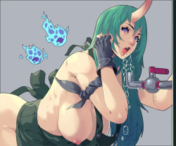 Rule 34 | 1girl, absurdres, arknights, arm ribbon, black gloves, black ribbon, breasts, commentary request, cowboy shot, drinking, drinking fountain, eyelashes, fang, faucet, fengmo, fingerless gloves, gloves, green hair, grey background, groin, hair between eyes, hanging breasts, highres, horns, hoshiguma (arknights), large breasts, leaning forward, long hair, looking at viewer, naked overalls, nipples, open mouth, overalls, purple eyes, revealing clothes, ribbon, ruffling hair, sidelocks, simple background, single horn, skin-covered horns, solo, water, water drop