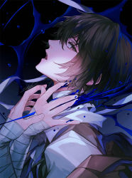 Rule 34 | 1boy, bandaged arm, bandages, black background, black eyes, black hair, black vest, bungou stray dogs, danhu, dazai osamu (bungou stray dogs), hands up, looking at viewer, male focus, open mouth, profile, shirt, short hair, solo, upper body, vest, white shirt