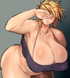 Rule 34 | 1girl, ass, blonde hair, bottomless, breasts, cleavage, gen&#039;en (sioherashi), gigantic breasts, huge breasts, leaning forward, mature female, parted lips, plump, short hair, solo, standing, tagme