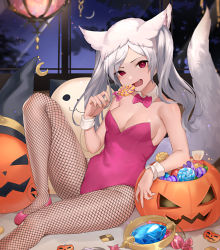 Rule 34 | 1girl, adapted costume, animal ears, bow, bowtie, breasts, candy, checkerboard cookie, cleavage, collarbone, cookie, crescent, detached collar, fake animal ears, fang, fire emblem, fire emblem awakening, fire emblem heroes, fishnet pantyhose, fishnets, food, grey hair, grima (fire emblem), halloween, haru (nakajou-28), highleg, highleg leotard, holding, holding candy, holding food, holding lollipop, leotard, lollipop, medium breasts, night, night sky, nintendo, nontraditional playboy bunny, pantyhose, pink footwear, pink leotard, playboy bunny, pumpkin, red eyes, robin (female) (fire emblem), robin (fire emblem), sky, solo, strapless, strapless leotard, swirl lollipop, tail, thighs, twintails, wolf ears, wrist cuffs
