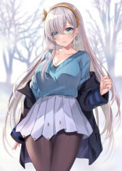 Rule 34 | 1girl, anastasia (fate), black jacket, blue eyes, bluetheater, blush, breasts, brown pantyhose, cleavage, collarbone, earrings, fate/grand order, fate (series), grey skirt, hair over one eye, hairband, harimoji, jacket, jewelry, large breasts, long hair, long sleeves, looking at viewer, off shoulder, open clothes, open jacket, open mouth, pantyhose, ribbed sweater, silver hair, skirt, solo, sweater, thighs, very long hair