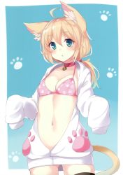 Rule 34 | 1girl, :o, absurdres, ahoge, animal ears, artist name, bell, black thighhighs, blonde hair, blue eyes, blush, bra, breasts, cat ears, cat tail, character request, choker, cleavage, cowboy shot, highres, hood, hooded sweater, jingle bell, long sleeves, low ponytail, navel, neck bell, open mouth, original, paw print, pink bra, ponytail, scan, signature, sleeves past wrists, small breasts, solo, sweater, tail, takehana note, thighhighs, underwear, unzipped, zipper