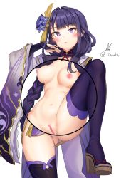 Rule 34 | 1girl, :o, absurdres, artist name, black hair, blush, breasts, female focus, genshin impact, gouka, highres, leg up, long hair, medium breasts, nipples, nude, pussy, raiden shogun, simple background, solo, standing, standing on one leg, tagme, third-party edit, twitter username, uncensored, very long hair, white background