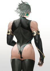 1boy absurdres alhaitham_(genshin_impact) alpaitham ambush_(trap) ass back black_shirt black_sleeves black_thighhighs earrings genshin_impact grey_hair hair_between_eyes highres jewelry male_focus multicolored_hair shirt short_hair solo thighhighs white_background