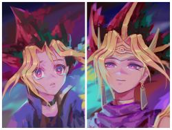 Rule 34 | 2boys, atem, belt collar, black shirt, blonde hair, closed mouth, collar, commentary, crying, dyed bangs, earrings, egyptian, eyelashes, floating hair, hejia abby, highres, jacket, jewelry, light smile, looking down, looking up, male focus, multicolored hair, multiple boys, muto yugi, parted lips, pink eyes, portrait, purple eyes, red hair, shirt, spiked hair, yami yugi, yu-gi-oh!