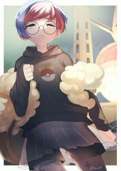 Rule 34 | 1girl, absurdres, backpack, bag, blue hair, border, brown bag, closed mouth, commentary request, creatures (company), game freak, glasses, half-closed eyes, highres, hood, hoodie, nintendo, pantyhose, penny (pokemon), poke ball print, pokemon, pokemon sv, red hair, round eyewear, see-through, see-through skirt, short hair, shorts, shorts under skirt, skirt, sleeves past wrists, solo, unu (uacj3434), white border