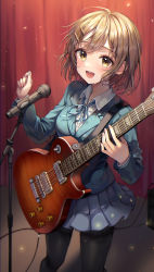 Rule 34 | 1girl, absurdres, amplifier, black pantyhose, blazer, blue jacket, blue ribbon, blue skirt, bob cut, breasts, brown eyes, brown hair, cable, electric guitar, guitar, hair ornament, hairclip, highres, hirasawa yui, holding, holding instrument, instrument, jacket, k-on!, looking at viewer, microphone, microphone stand, neck ribbon, open mouth, pantyhose, pleated skirt, plectrum, ribbon, sakuragaoka high school uniform, school uniform, short hair, skirt, smile, solo, stage curtains, starlime, strap, sweat