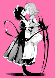 Rule 34 | 2girls, absurdres, age difference, ahoge, apron, commentary request, full body, greyscale, greyscale with colored background, highres, holding hands, insect girl, kiss, maid, maid apron, maid headdress, monochrome, monster girl, multiple girls, onee-loli, original, pink background, school uniform, shiratama mochi, short hair, skirt, spider girl, standing, wings, yuri