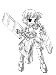 Rule 34 | 00s, 1girl, ahoge, armor, armored boots, blunt bangs, boots, club (weapon), dress, dual wielding, full body, greyscale, holding, holding weapon, lyrical nanoha, mahou shoujo lyrical nanoha, mahou shoujo lyrical nanoha strikers, monochrome, schach nouera, short hair, simple background, solo, thigh boots, thighhighs, u-ka, uniform, weapon, white background, windenschaft