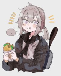 ! 1girl :t ahoge backpack bag black_neckerchief blush brown_headphones brown_jacket burger chewing cropped_torso double-parted_bangs dress_shirt food food_on_face girls&#039;_frontline grey_background grey_hair hair_between_eyes headphones headphones_around_neck highres holding holding_burger holding_food jacket long_sleeves looking_at_viewer low_ponytail m200_(girls&#039;_frontline) medium_hair neckerchief odmised open_clothes open_jacket purple_eyes shirt sidelocks simple_background solo speech_bubble spoken_exclamation_mark upper_body white_shirt