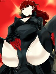Rule 34 | 1girl, artist name, bad id, bad pixiv id, black leotard, breasts, breasts apart, cafekun, cameltoe, choker, female focus, gloves, highres, leotard, long hair, looking at viewer, matching hair/eyes, medium breasts, persona, persona 5, persona 5 the royal, red eyes, red gloves, red hair, solo, spread legs, thighs, yoshizawa kasumi