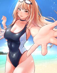 Rule 34 | 1girl, absurdres, bare shoulders, beach, black choker, black one-piece swimsuit, blurry, blush, breasts, choker, cleavage, collarbone, covered navel, curvy, day, depth of field, goddess of victory: nikke, goggles, goggles on head, highleg, highleg swimsuit, highres, large breasts, light brown hair, long hair, multicolored clothes, multicolored swimsuit, ocean, one-piece swimsuit, open hand, open mouth, orange eyes, rapi (classic vacation) (nikke), rapi (nikke), reaching, sand, shiny skin, smile, solo, swimsuit, water, white one-piece swimsuit, wide hips, zeke (dhzu2422)