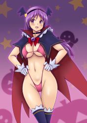 Rule 34 | 1girl, absurdres, asamiya athena, ass, bikini, blush, breasts, cleavage, fangs, gloves, highres, large breasts, long hair, navel, open mouth, pink bikini, purple eyes, purple hair, slingshot swimsuit, smile, snk, snk heroines: tag team frenzy, swimsuit, the king of fighters, thick thighs, thighhighs, thighs, tsumitani daisuke, vampire costume, wide hips