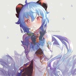 Rule 34 | 1girl, ahoge, bare shoulders, bell, blue gloves, blue hair, blush, china dress, chinese clothes, chosuica, dress, eating, eating flower, eyebrows hidden by hair, flower, ganyu (genshin impact), genshin impact, gloves, hair between eyes, heart, highres, holding, horns, long hair, looking at viewer, mouth hold, neck bell, off shoulder, petals, ponytail, red eyes, solo, star (symbol)