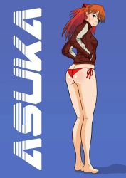 Rule 34 | 10s, 1girl, artist request, ass, bare legs, barefoot, bikini, blue eyes, bodysuit, brown hair, character name, evangelion: 3.0 you can (not) redo, eyepatch, full body, hair ornament, hands in pockets, highres, interface headset, jacket, long hair, looking at viewer, looking back, neon genesis evangelion, plugsuit, rebuild of evangelion, red bikini, side-tie bikini bottom, solo, souryuu asuka langley, standing, swimsuit, swimsuit under clothes, thong bikini, track jacket