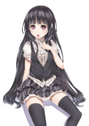 Rule 34 | &gt;:o, 1girl, :o, bad id, bad pixiv id, black hair, black thighhighs, blush, frilled skirt, frills, highres, long hair, original, ray-akila, red eyes, simple background, sitting, skirt, solo, thighhighs, v-shaped eyebrows, white background
