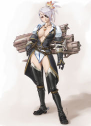 Rule 34 | 1girl, albino, breasts, capcom, cleavage, eyepatch, gun, gunlance, large breasts, monster hunter (series), open clothes, open shirt, rasukaru, red eyes, shirt, silver hair, solo, thighhighs, weapon