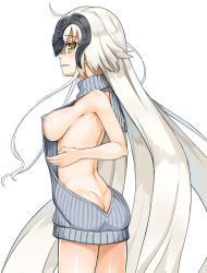 Rule 34 | 1girl, ahoge, alternate costume, areola slip, ass, backless dress, backless outfit, bare back, bare shoulders, braid, breasts, butt crack, covered erect nipples, cowboy shot, dress, fate/grand order, fate (series), from side, halterneck, headpiece, jeanne d&#039;arc (fate), jeanne d&#039;arc alter (avenger) (fate), jeanne d&#039;arc alter (fate), large breasts, long hair, looking at viewer, looking to the side, meme attire, nipples, panties, parted lips, ribbed sweater, ribbon, selfie, sideboob, silver hair, simple background, single braid, smile, solo, sweater, sweater dress, totto, turtleneck, turtleneck sweater, underwear, very long hair, virgin killer sweater, white background, yellow eyes