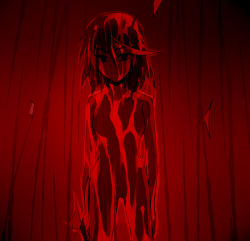 Rule 34 | 10s, 1girl, bad id, bad pixiv id, black eyes, black hair, blood, blood on face, expressionless, f (hiyamatakao), female focus, kill la kill, matoi ryuuko, multicolored hair, naked blood, nude, raining blood, red background, red theme, short hair, solo, spoilers