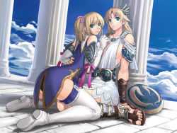 Rule 34 | 2girls, architecture, armor, armored dress, bad anatomy, bad feet, blonde hair, blonde twist, breasts, cassandra alexandra, cloud, day, elk shield, feet, goddess bracelet, goddess guards, goddess headdress, goddess robe, greco-roman architecture, green eyes, incest, kneeling, large breasts, mature female, multiple girls, poorly drawn, ran&#039;ou (tamago no kimi), ribbon, sandals, shield, siblings, sisters, sophitia alexandra, soul calibur, soulcalibur, soulcalibur iv, thighhighs